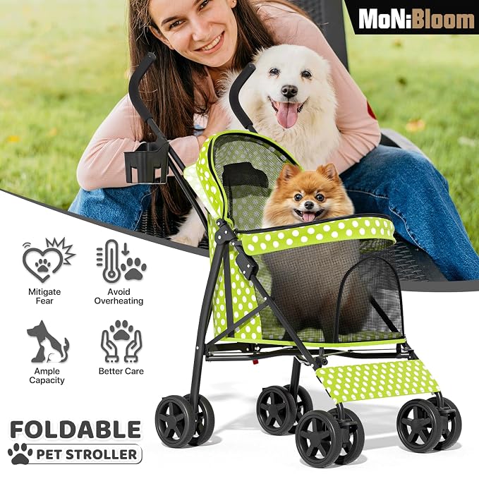 MoNiBloom Pet Stroller for Small/Medium Dogs and Cats, Lawn Green Polka Dots