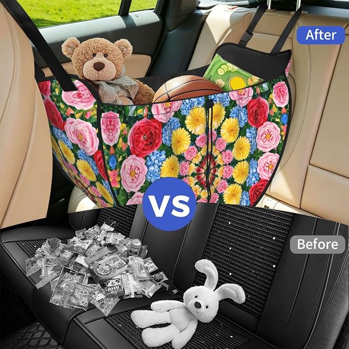Flower Kaleidoscope Car Seat Organizer-Backseat Storage Bag for Travel | Waterproof Durable. Holds Snacks Gear Essentials. Fits Most Cars.