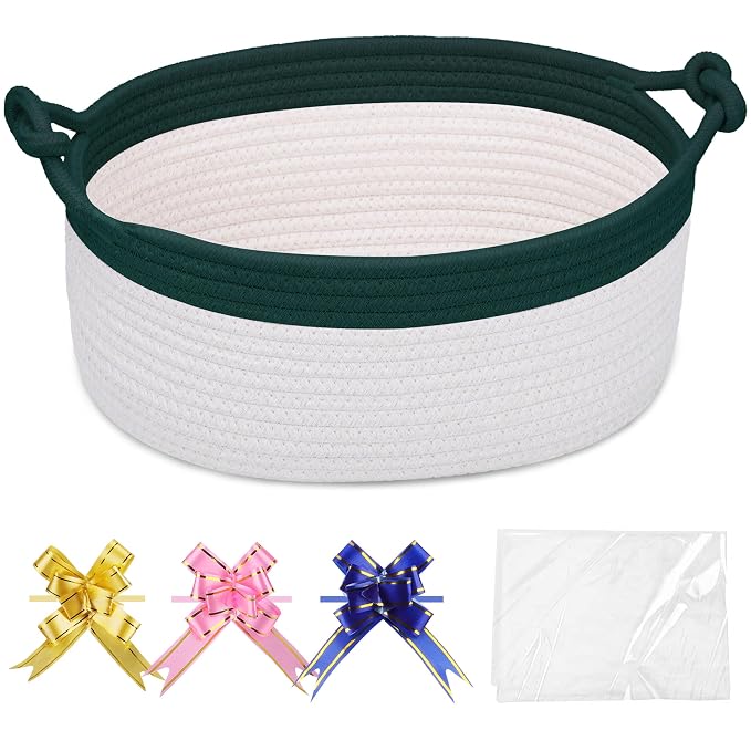 COMSE Small Gift Basket Empty with Bag & Ribbons, Dark Green & White | Cotton Rope, 12"x 8"x 5", Pet Toy Storage Organizer, Woven Basket for Birthdays, Baby Showers, Mother’s Day, Valentine’s Day