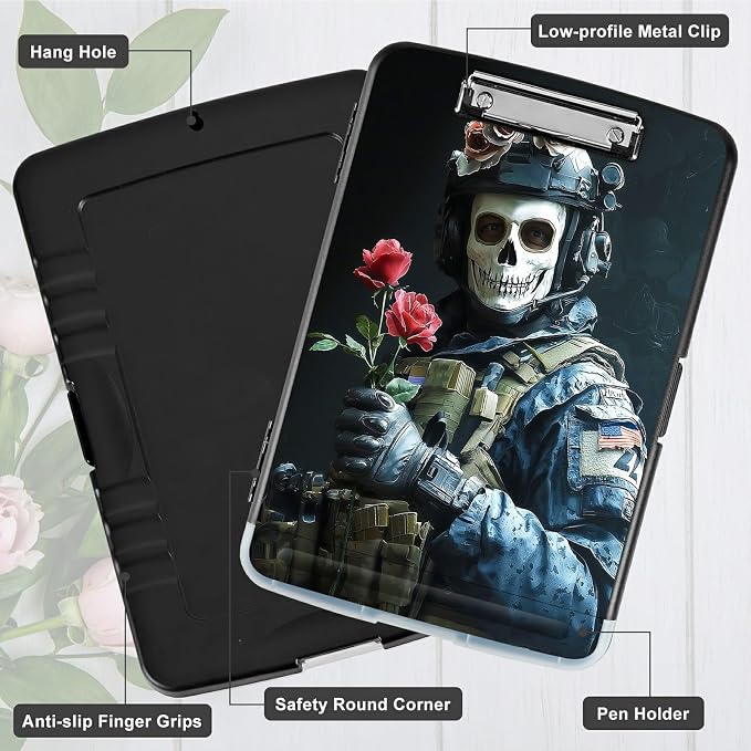 A4 Clipboard with Storage Pen Holder, Clipboards Organizer Nursing Clipboard Foldable File Folder Plastic Clipboard Folio Clip Board for Office Work Classroom Doctor, Skull Man Flower