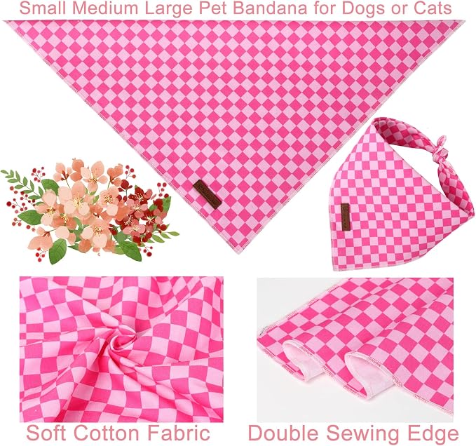 Summer Dog Bandana, UP URARA PUP Pink Bandana for Small Large Dogs, Cotton Handkerchief Fashion Plaid Puppy Triangle Bid Scarf for Boy Girl Dogs