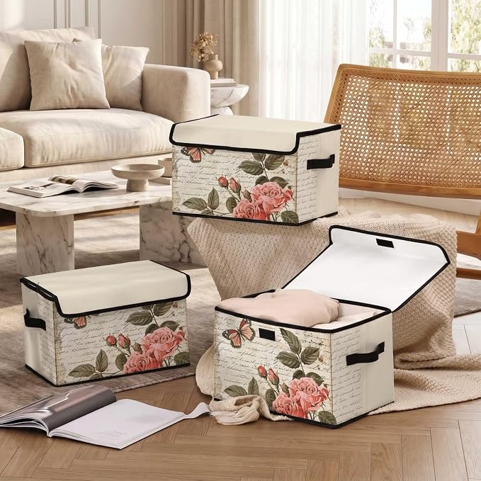 Stackable Storage Bins with Lids,Closet Organizers Fabric Box for Home and Office,Blanket Clothes Organizers,Under Bed Storage Containers 3 Pack