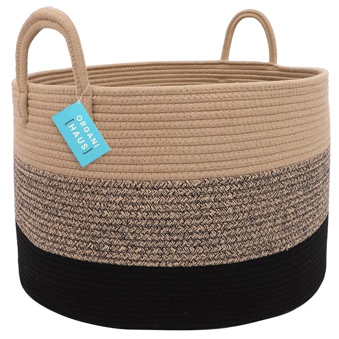 OrganiHaus Round Toy Basket & Blanket Basket, Cotton Rope 20x13" | 3-Toned Brown - Round Cotton Rope Basket, 20x13"