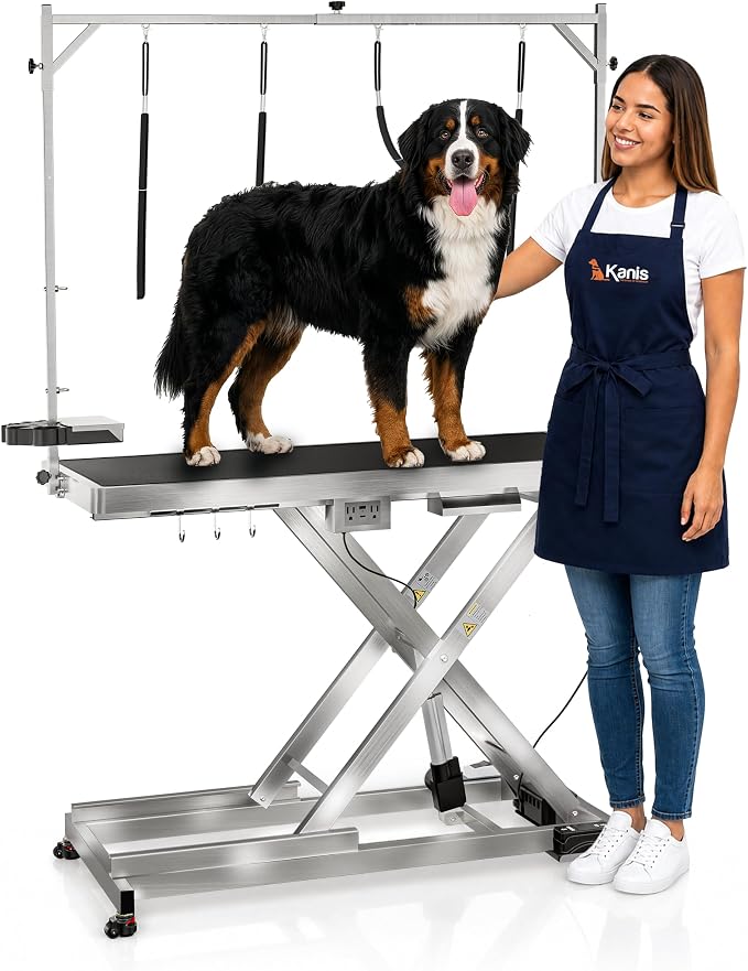 49" Professional Electric Dog Grooming Table, 304 Steel, Heavy Duty | Adjustable Table for Pet Grooming, 10-40in Quiet Lift, Grooming Arm, AC/USB Power Hub, Anti-Slip Surface, Leveling Wheels