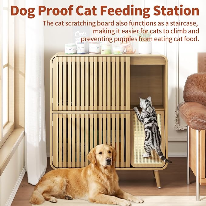 Dog Proof Cat Feeding Station, Cat Feeder Station, Pet Food Storage Natural | Raised Bowls for Indoor Cats, Elevated Food Bowls with Stand, Cat Scratching Board, 2 Stainless Steel Bowls