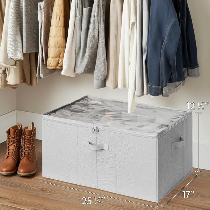 StorageWorks 24-Pair Large Shoe Storage Closet, Adjustable Dividers, Grey | Holds up to 24 Pairs, Foldable, Clear Lid, Reinforced Handles, Fits Sneakers, Sandals & Flats, For Closet, Entryway