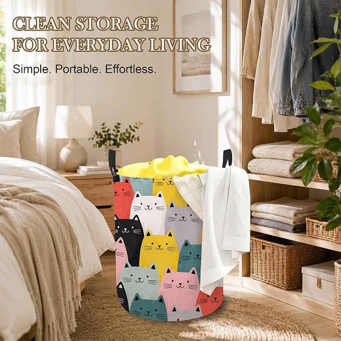 Cute Cat Laundry Hamper, Colorful Cat Laundry Baskets, Waterproof Oxford Cloth for Room/Bathroom/Bedroom/Dormitories 16x20.8 Inch