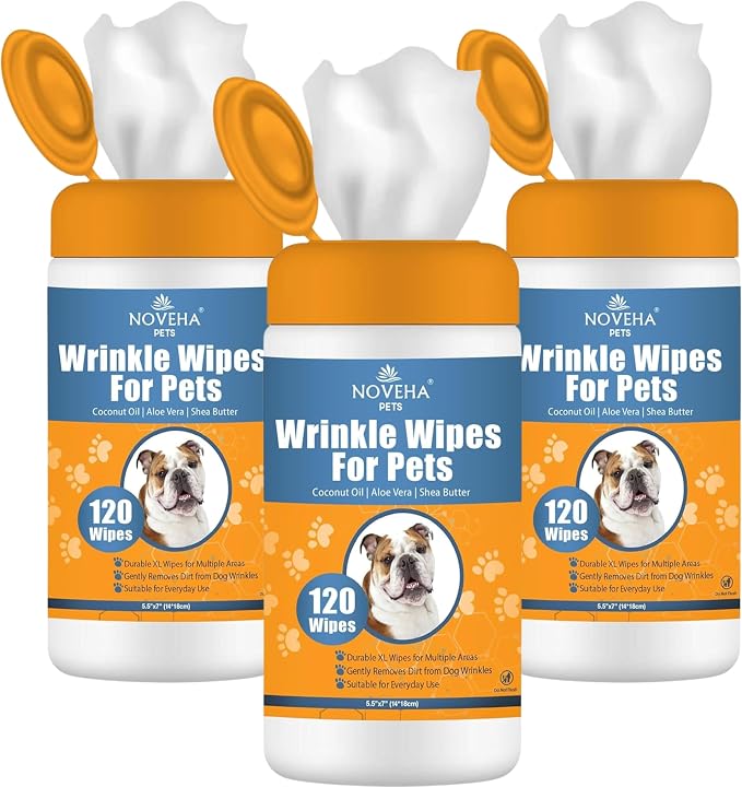 NOVEHA 5”x7” Large Dog Wipes | Wipes for Bulldog, French Bulldog, Pug, English Bulldog | Deodorizing, for Multiple Areas Removes Dirt, Wrinkles, Folds, Tear Stain, Tail Pocket & Paws (3PK-120 Counts)