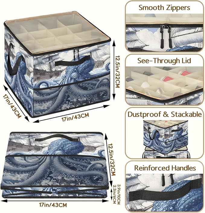 TropicalLife Octopus Nautical Kraken Ocean Shoe Organizer for Closet | Foldable Shoe Storage Box Bin 16-32 Pair Shoe Storage for Sneakers, Boots & Heels with Adjustable Dividers, Clear Cover
