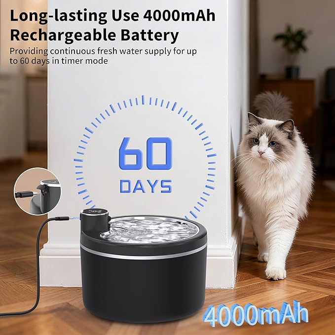 Cat Water Fountain Cordless, 108oz/3L Pet Fountains for Cats Indoor with Stainless Steel Tray, Battery Operated Cat Drinking Fountain with Motion Sens (Black)