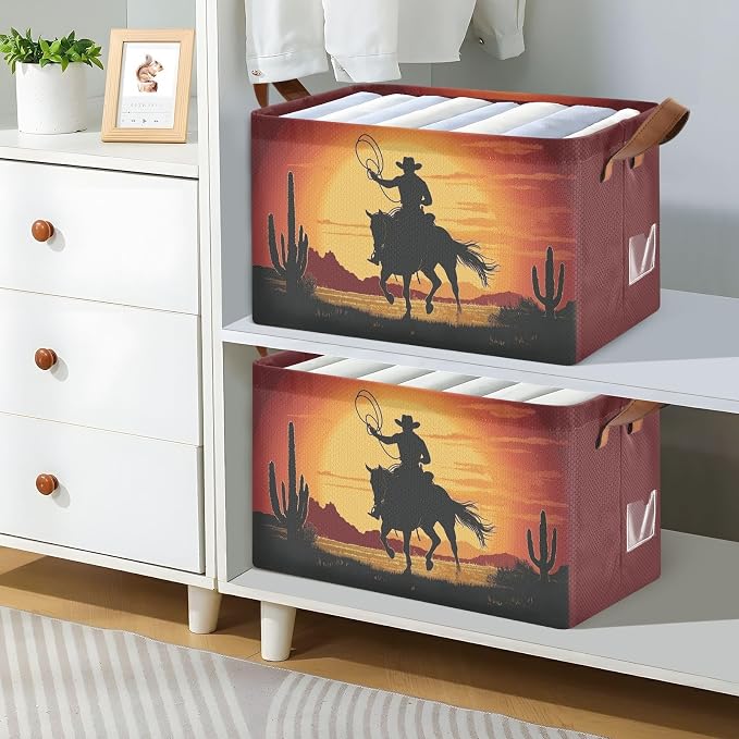 Sunset Western Cowboy with Horse Storage Basket Foldable Cube Storage Bins with Handles&Label Collapsible Organizer Box Bin Large Rectangle Decorative Baskets for Shelves Home Living Room Closet
