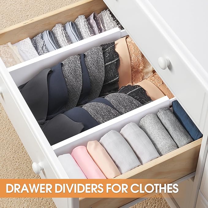 Bamboo Drawer Dividers, Adjustable Drawer Organizers, Fits 12.6–16" Drawers | 2.5" High, 4 Pack Expandable Drawer Separators for Kitchen, Nursery, Dressers & Office Storage, White