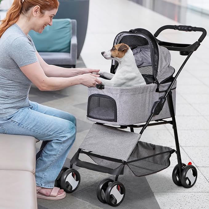 4 Wheels Foldable Pet Dog Cat Jogger Stroller Travel Carrier Strolling Cart w/Waterproof Cover Storage Basket Cup Holder & Detachable Carrier for Medium Small Cat Dog, Grey