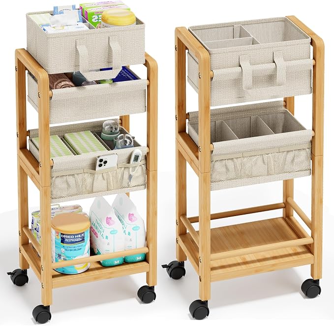 Bamboo Diaper Caddy Cart with Wheels - 3-Tier Rolling Storage，Beige | Removable bins, side pockets, sturdy handle, smooth wheels. For nursery, living room, laundry, pet. Natural bamboo, versatile