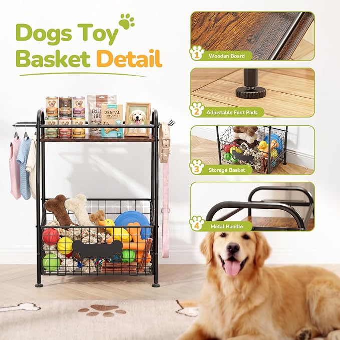 Large Dog Toy Basket, Metal Toy Bin for Dogs with Wood Countertop, Pet Toy Storage Basket with Collar Leash Holder Hook, Toy Holder for Dog Stuff Accessories, Toy Box for Living Room Area