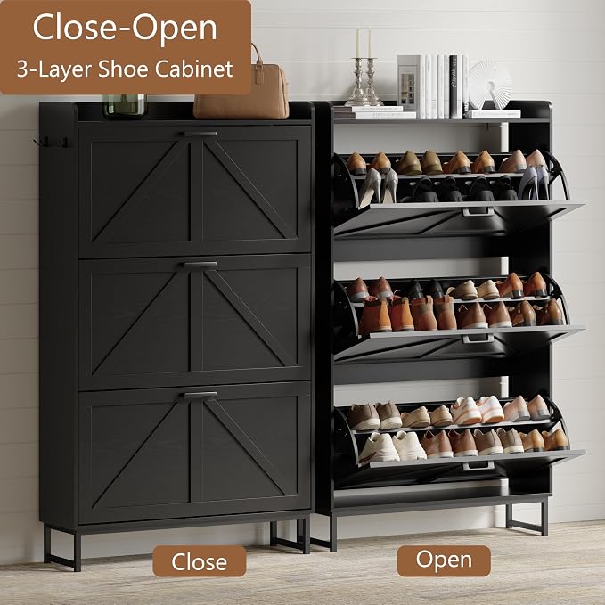Xixini Shoe Storage Cabinet with 3 Flip Drawers, Entryway Shoe Rack, Black | Freestanding Narrow Shoe Storage, Hidden Slim Wood Shoe Organizer, Modern Farmhouse, Open Storage & Hooks for Closet, Hallway