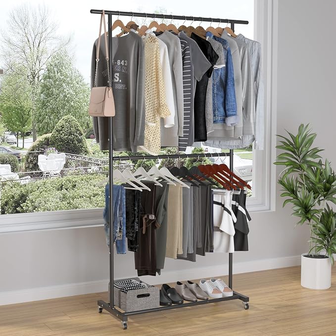 Sywhitta Double Rod Clothing Garment Rack, Rolling Clothes Organizer on Wheels for Hanging Clothes, Easy to Assemble, Adjustable, Black (Pack of 2)