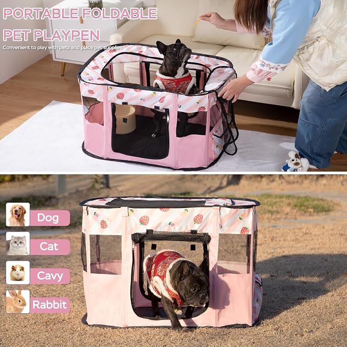 Dog and CAT pop Play Pen,Pets Houses for Dogs and Cats,Indoor&Outdoor Exercise Pen Dog Tent Puppy Playground Large (L, Pink) | Portable Dog Kennel with Upgrade Breathable Mesh，Sturdy Kitten Playpen Indoor & Outdoor for Rabbit or Small Animals，Pink