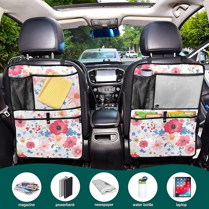JIPONI Car Backseat Organizer, Color Red Flower Automotive Back Seat Protector, Kick Mats with Storage Pockets for Kids Pets, Road Trip Accessories (2 Pack)