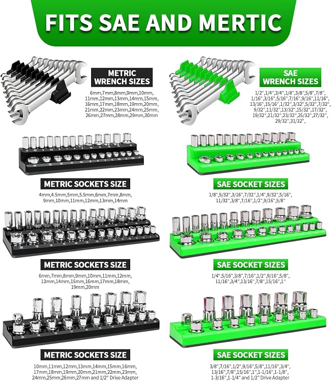 Magnetic Socket Organizer Set, 8PCS Socket Holder, 6 Socket Trays & 2 Wrench Racks, Metric & SAE Tool Box Organizer for 1/4", 3/8", 1/2" Sockets for Toolbox Storage (Black and Green, 8Pcs)