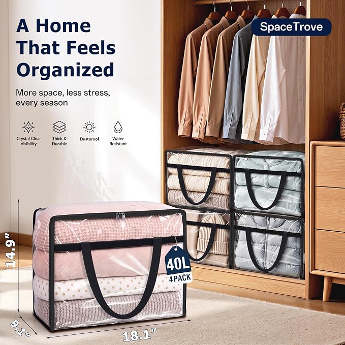SpaceTrove Clear Storage Bags, 4-Pack Under Bed and Closet Organizers 40L | Clear PVC bags with zippers and handles, foldable waterproof moving bags store comforters, blankets, bedding, clothes and toy