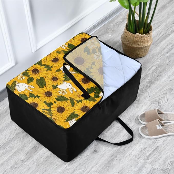 Comforter Storage Bags Large Folding Blanket Organizer Bag with Strong Handles Clear Window Closet Storage Containers for Clothes King Queen Pillows Bedding Quilt Duvet Autumn Sunflower and Cut