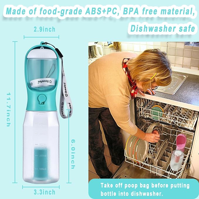 Cibaabo Dog Water Bottle with Food Container & Poop Bag Holder & Filter | Feeding & Hydration & Waste All in One | Travel Puppy Water Bowl | Portable Pet Dispenser | Dog Gifts | for Walking Beach