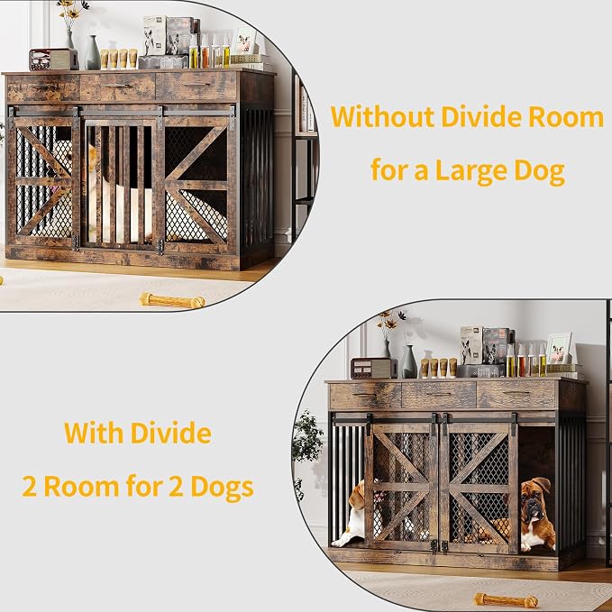 Spacesea Large Dog Crate Furniture with Sliding Barn Door, 48" Wooden Dog Kennel Indoor End Side Table for Home Decor, Removable Divider, 3 Drawers, Furniture Style Dog Crate TV Stand