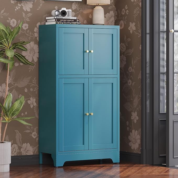 Blue Bathroom Storage Cabinet,Metal Bathroom Cabinet,Navy Blue Storage Cabinets,Bathroom Floor Cabinet with 2 Adjustable Shelves&4 Doors