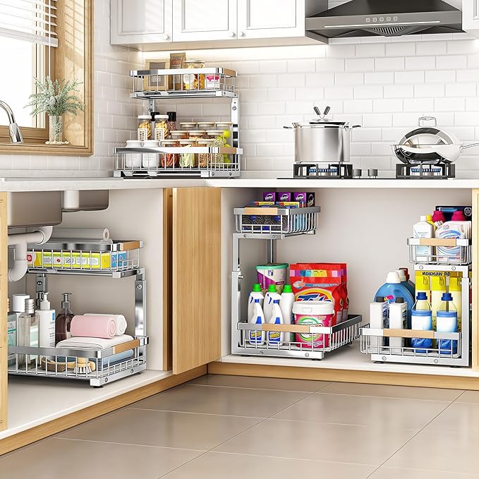PXRACK Under Sink Organizer, Adjustable Height, 2 Tier Pull Out Cabinet Organizer, Slide Out Thickened Metal Storage for Kitchen Bathroom Laundry Pantry Cabinet, Stainless Steel, Silver, Large-2-Pack