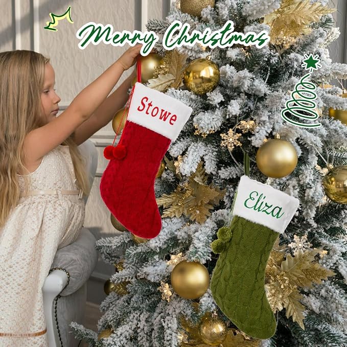 Personalized Christmas Stockings, Custom Name Knit Ball Christmas Stockings, 16" Xmas Stockings Hanging Ornament for Holiday Fireplace Decoration (2 Pcs)