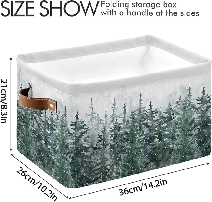 Winter Pine Forest Tree Storage Basket with Waterproof Liner and PU Handles Christmas Snow Scene Storage Bins Boxes 14.2" Collapsible Decorative Organizer Baskets for Bedroom Closet Office 2 Pack