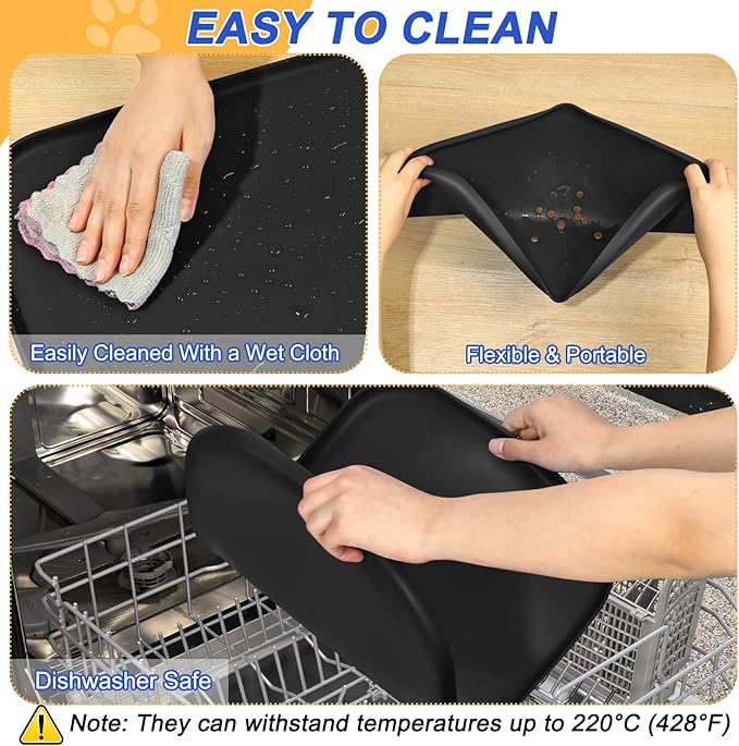 SMILOOL Silicone Pet Feeding Mat with Raised Edge for Food and Water, Dog Bowl Mats, Cat Bowls Placemat with High Lip for Floor Waterproof, Rubber Tray for Cats and Dogs 24 x 16 x0.8 Black