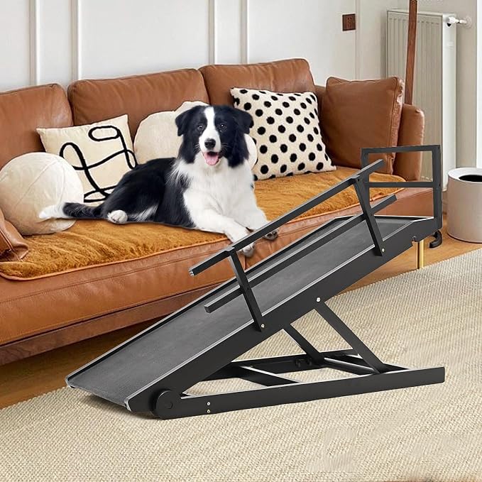 Dog Ramp for Bed & Couch, Foldable Wooden Pet Ramp, 5 Adjustable Heights | Height up to 27.5", Portable Dog Ramp with Non-Slip Rubber Surface & Safety Railings, Pet Ramp for Small, Large, Senior Dogs