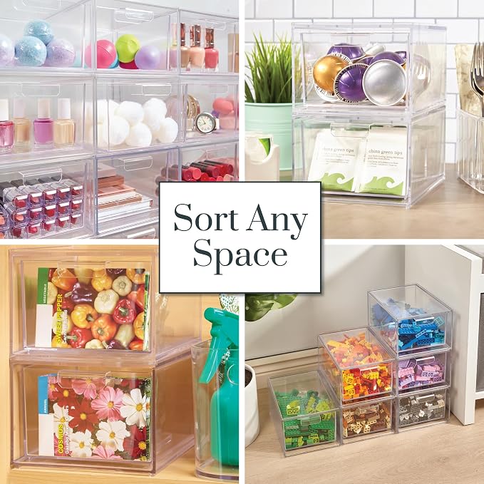 STORi Audrey Stackable Clear Bin Plastic Organizer Drawers | 2 Piece Set | Organize Cosmetics and Beauty Supplies on a Vanity | Made in USA (Pack of 3)