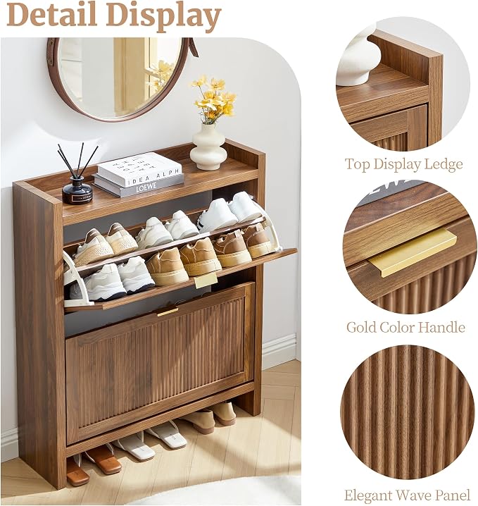 Fluted Shoe Storage Cabinet with 2 Flip Door for Entryway | Farmhouse, Walnut color, Adjustable shelves, Tabletop guardrail, Freestanding shoe storage cabinet, for Entryway/hallway