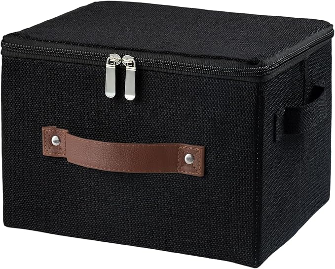 Storage Bins with Zipper Lid Decorative Lidded Box Fabric Baskets | Cotton Linen Fabric Boxes, Collapsible Shelf Closet Organizer Container, PU Leather Handle, Stackable Washable(Black, Small)