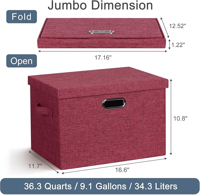 Storage Bins with Lids Fabric Closet Organizers Cubes Office Organization | 36 Quart 3 Pack Bright Red Collapsible Stackable Linen Fabric 4 Handles Bedroom Closet Cabinet Under Bed Clothes Toy Office