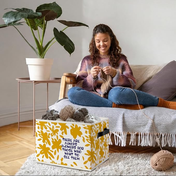 Boho Yellow Floral Inspirational Foldable Storage Bins Box with Handles, There Are Always Flowers Motivational Decorative Storage Boxes Baskets Organizer for Kids Room Bedroom Classroom