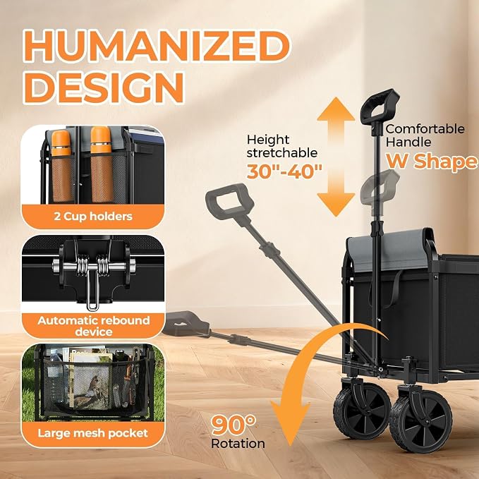 3-in-1 Portable Collapsible Wagon Cart with Removable Side | Utility Groceries Wagon, Foldable Cart for Dogs Pets Shopping Camping Beach Sports Gardeing Fishing, Black