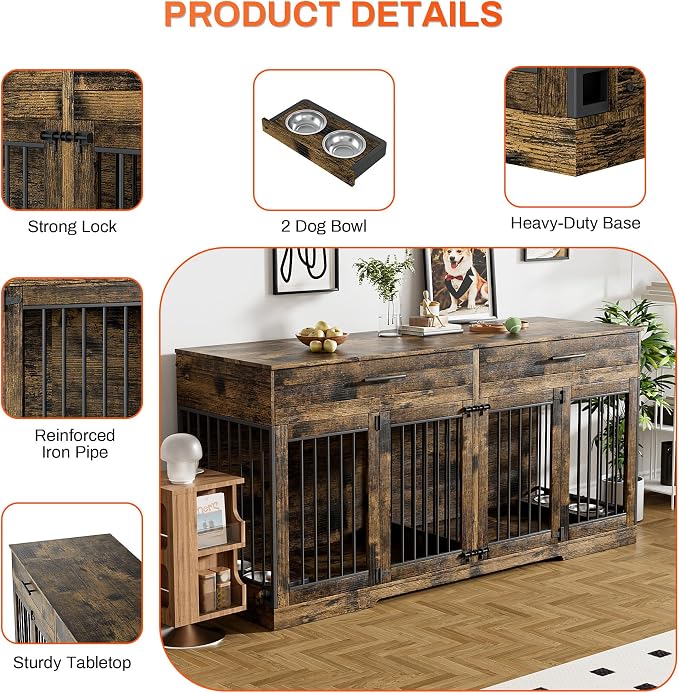Rophefx 72" Double Dog Crate Furniture with Drawers and Divider, Brown | Wooden dog kennel for 2 medium dogs with 2 drawers, removable divider, 4 bowls and TV stand top