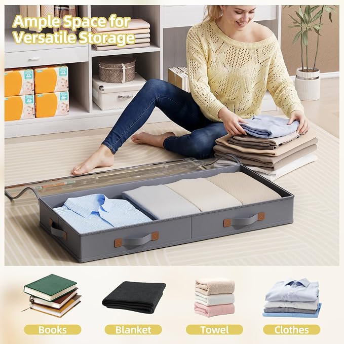 FHSQX Under Bed Storage Container 2Pack 3 Inches Low Profile Under-bed Organizer Bins Slim Under Couch Storage Box Ideal For Seasonal Clothes Blankets Towel Fabric (2, Drak Grey, 31.5 * 17 * 3in)