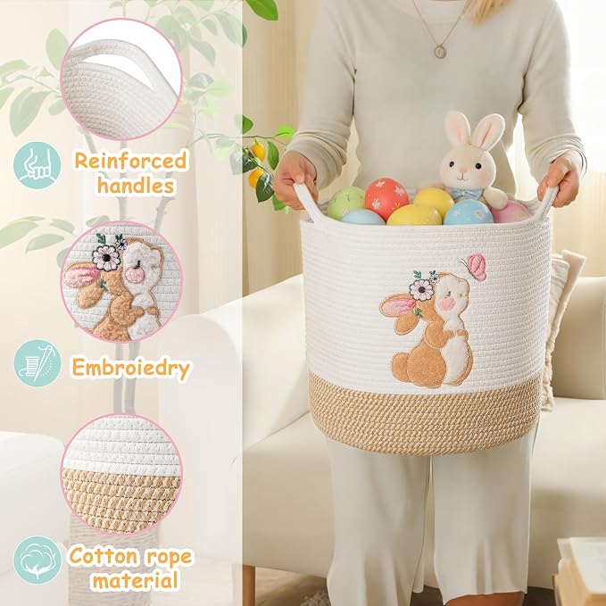 Large Blanket Baskets for Living Room, Bunny Baskets Toy Storage Basket Woven Cotton Rope Basket for Kids, Toys Organizer Clothes Hamper with Embroidery, Laundry Hamper Nursery Decor ( Large )