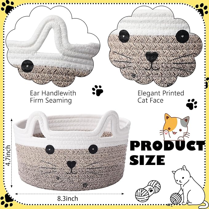 Zopeal Cat Storage Basket Woven Organizer with Ears Decorative Gift Cute Cotton Rope Pet Toy Basket for Gift Cat Dog Toy Bin Nursery Room(8.3 x 4.7 Inch,Gradient Khaki)
