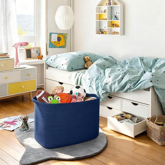 108L Extra Large Storage Basket, 25"x16"x16" Blue Blanket Basket Living Room, Oversized Cotton Rope Blanket Storage, XXXL Woven Kids Dog Toy Bin Box, Jumbo Laundry Shoes Towel Bin, Navy Blue