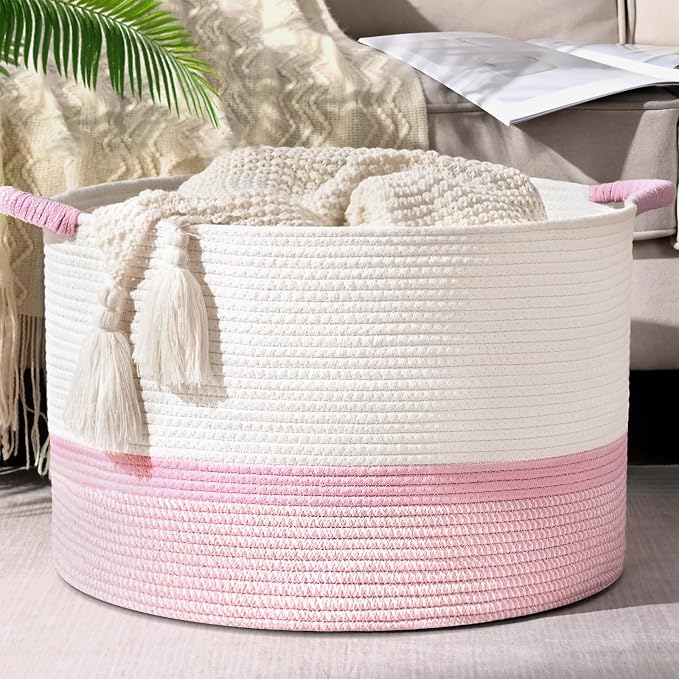 67L Large Blanket Basket, 20"x13" Woven Storage Baskets With Handle, Cotton Rope Blanket Basket Living Room, Baby Laundry hamper for Blanket, Nursery, Toy, Pillow (White & Pink)