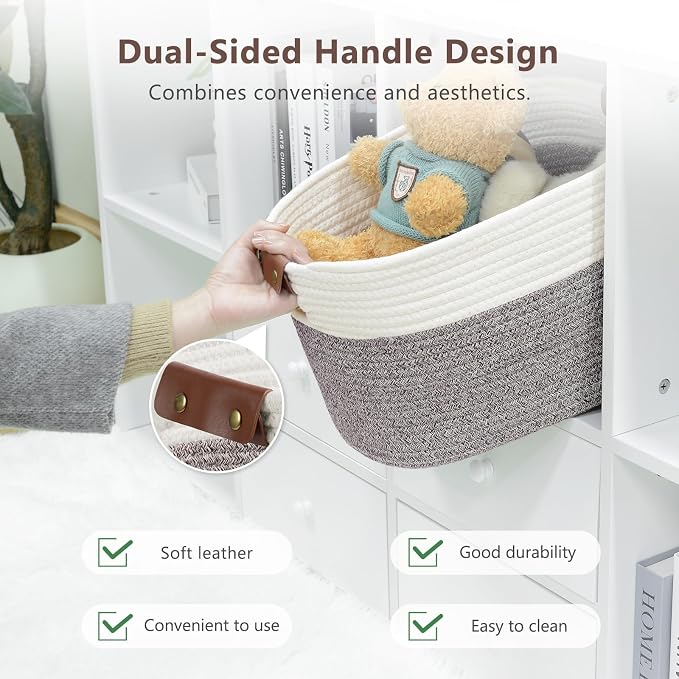 ECDYQXVU 15x10x9 Woven Cotton Rope Storage Basket, Leather Handles 3 Pack | Foldable Design, Sturdy PU Handles, Easy to Clean Organizer for Living Room, Closet, Shelves, Bedroom, Laundry, Clothes