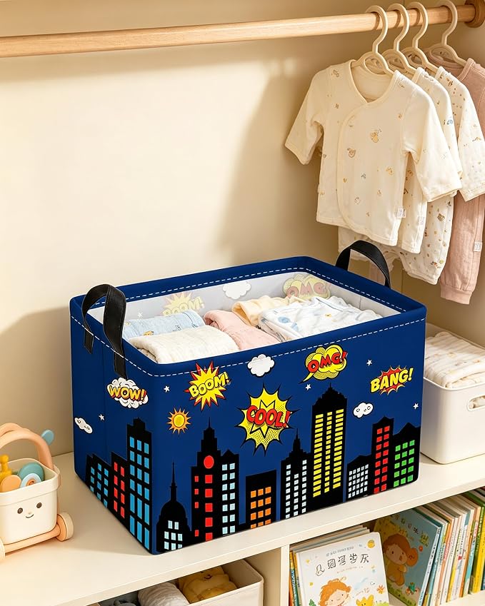 Essme Rectangular Spider Basket,Kids Storage Bins Organizer with Handles for Girls Room Decor, Gift Basket,Shelf Basket.(Bule City)