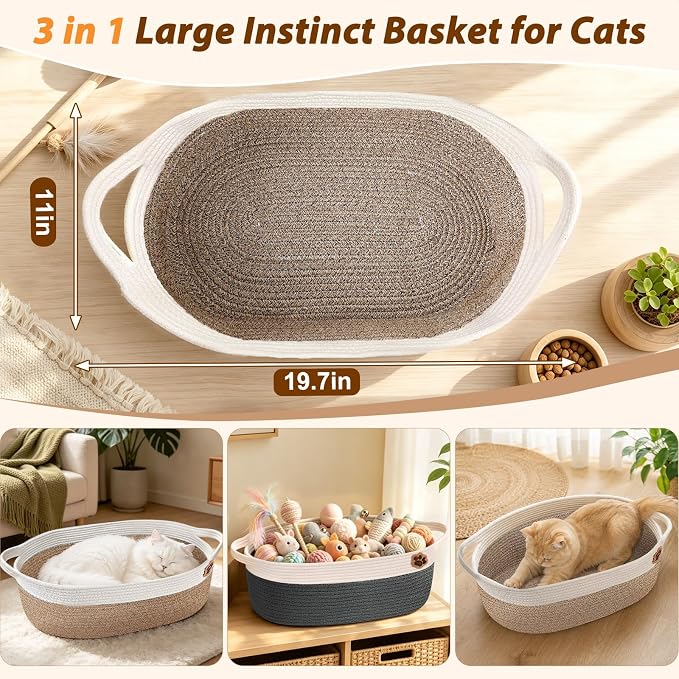 SZEE 2 Pack Stimulicat Handwoven Cat Basket, Large Instinct Cat Bed Baskets | Woven Cotton Rope Cat Scratcher Basket & Pet Toy Organizer, Breathable with Reinforced Handles, 19.7"x11"x7.9", Beige+Gray