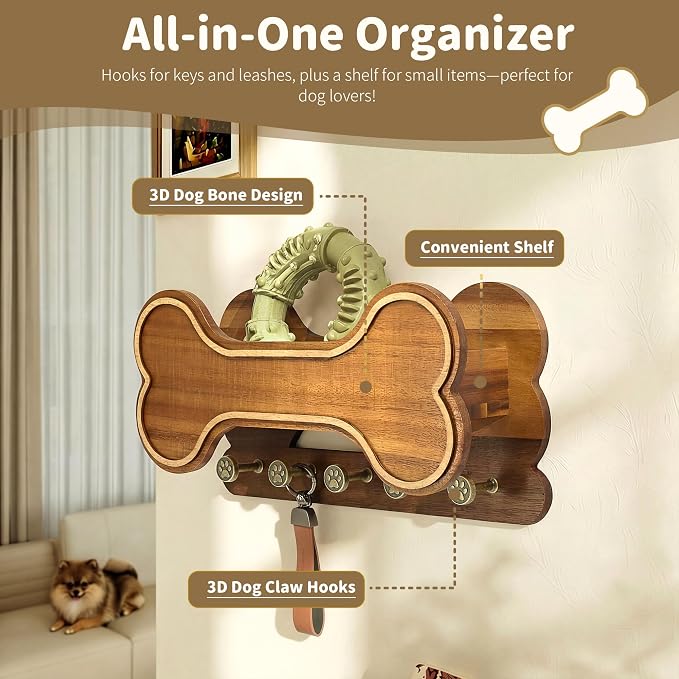 MTERSN Dog Leash Holder for Wall with Shelf for Pet Adoption Gift, Brown